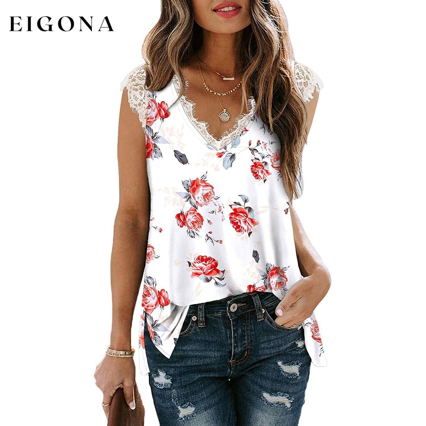 Women's V Neck Lace Tank Top - Assorted Styles White Rose __stock:200 clothes refund_fee:800 tops