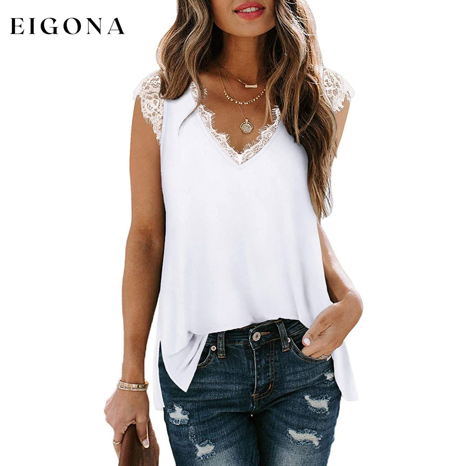 Women's V Neck Lace Tank Top - Assorted Styles White __stock:200 clothes refund_fee:800 tops
