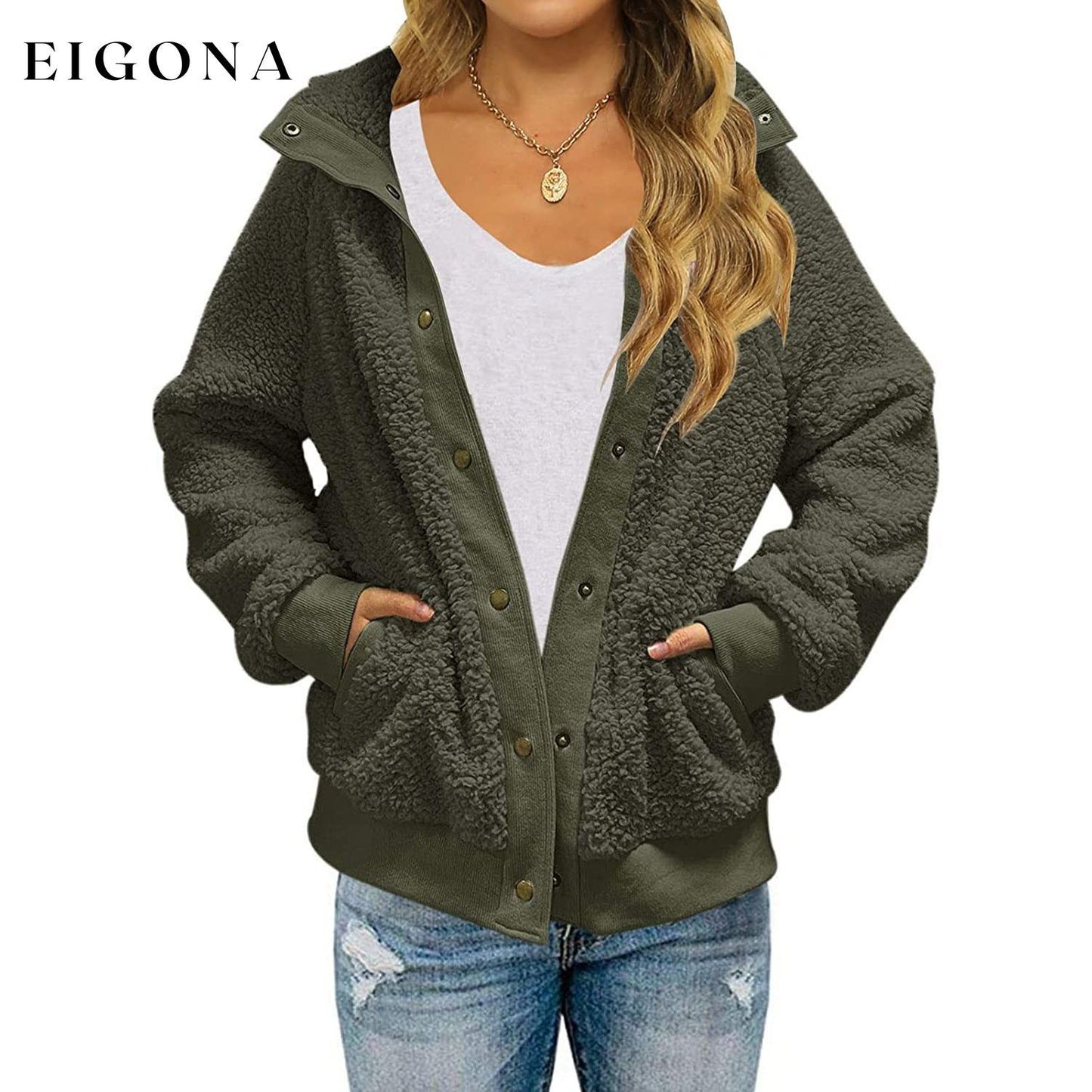 Womens Winter Sherpa Fleece Button Jacket Coat Green __stock:200 Jackets & Coats refund_fee:1200