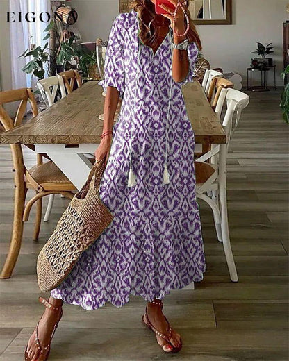 V-neck printed half-sleeved long dress Purple 23BF Casual Dresses Clothes Dresses Spring Summer
