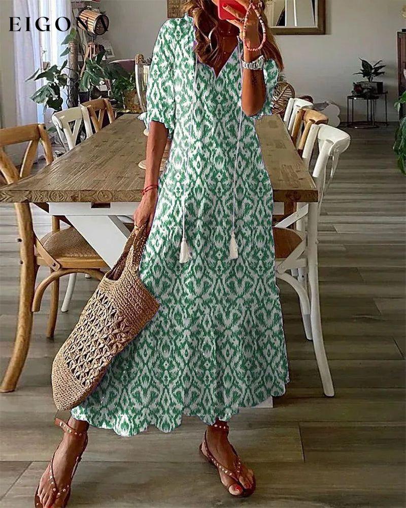 V-neck printed half-sleeved long dress Green 23BF Casual Dresses Clothes Dresses Spring Summer