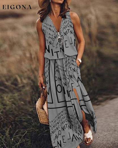 Sleeveless Letter Print Shift Dress Gray 23BF Casual Dresses Clothes Dresses Spring Summer