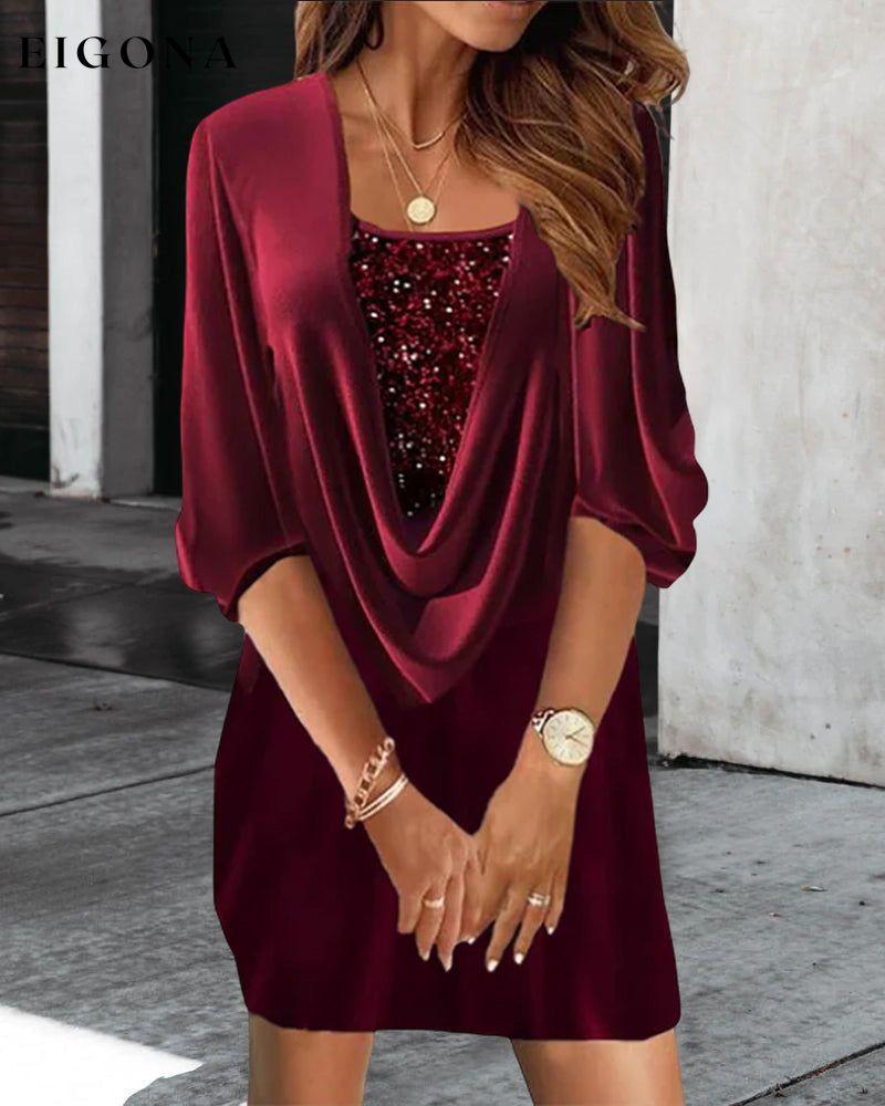 Burgundy sequin dress with 3/4 sleeves 2022 F/W 23BF Casual Dresses christmas Clothes Dresses