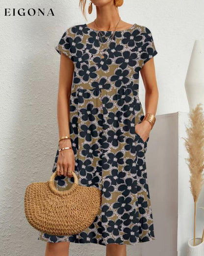 Floral Print Round Neck Dress Navy Blue 23BF Casual Dresses Clothes Dresses Spring Summer