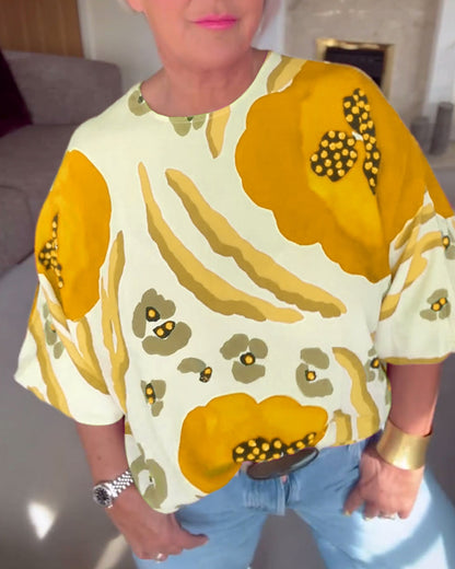 Round neck printed half-sleeve casual top blouses & shirts spring summer