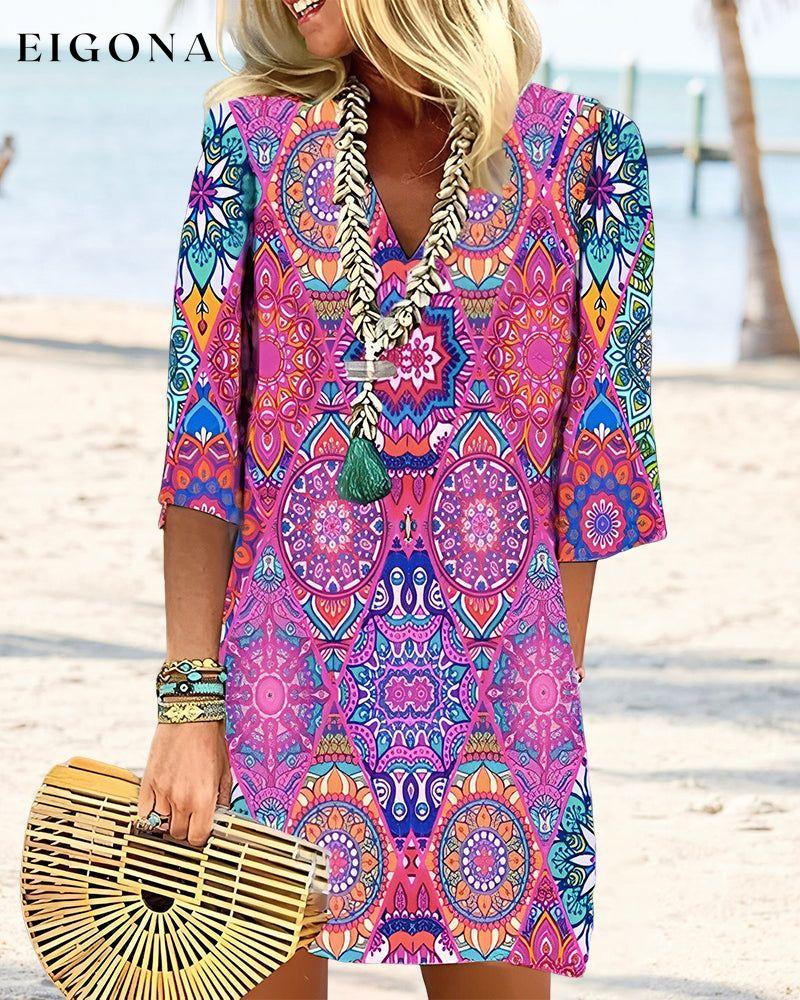 Geometric Print 3/4 Sleeve Dress 23BF Casual Dresses Clothes Dresses Spring Summer
