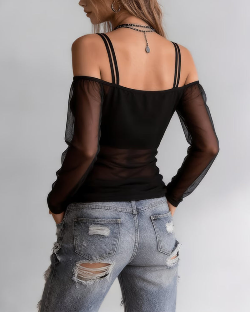 Spaghetti Strap Off-Shoulder Sheer T-Shirt