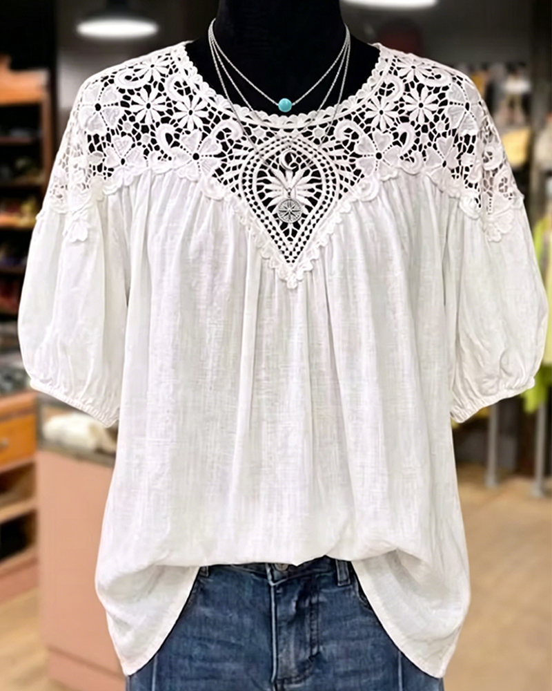 Puff Short Sleeve Lace Patchwork V-Neck Blouse