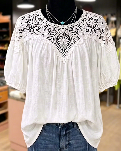 Puff Short Sleeve Lace Patchwork V-Neck Blouse