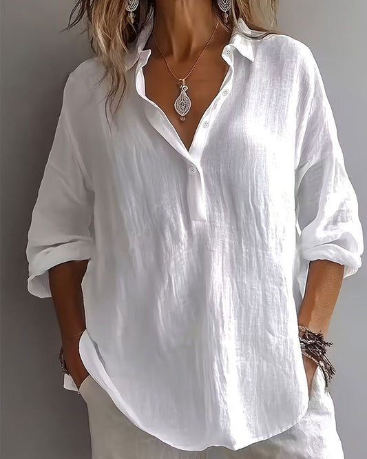 Solid Color Lapel Half-Placket Long Sleeve Blouse
