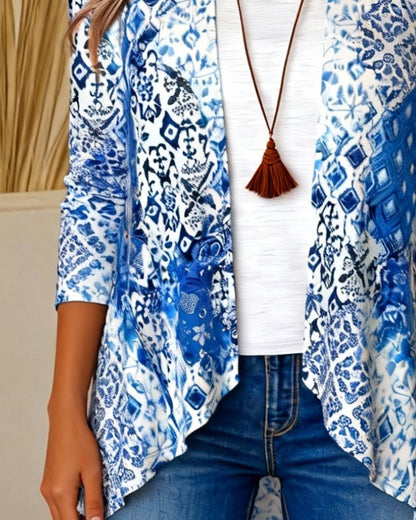 Printed Faux Two-Piece Irregular Blouse