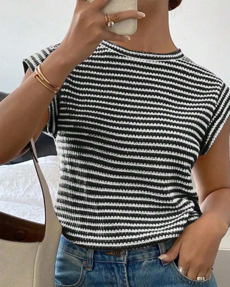 Stripe Crewneck Short Sleeve Casual Top