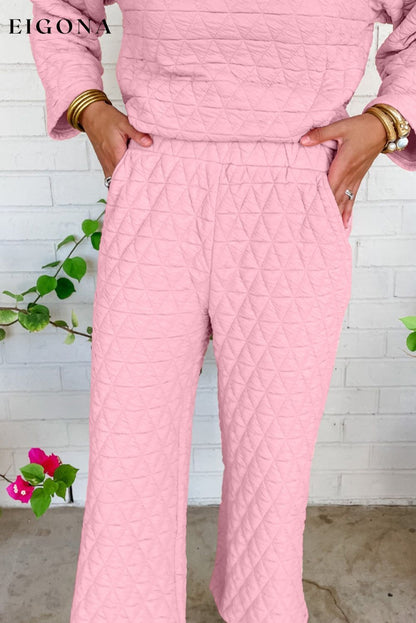 Pink Solid Quilted Pullover and Pants Outfit All In Stock Best Sellers bottoms clothes Craft Quilted EDM Monthly Recomend Occasion Home Print Solid Color Season Winter sets Silhouette Wide Leg Style Casual sweater sweaters Sweatshirt Women's Bottoms