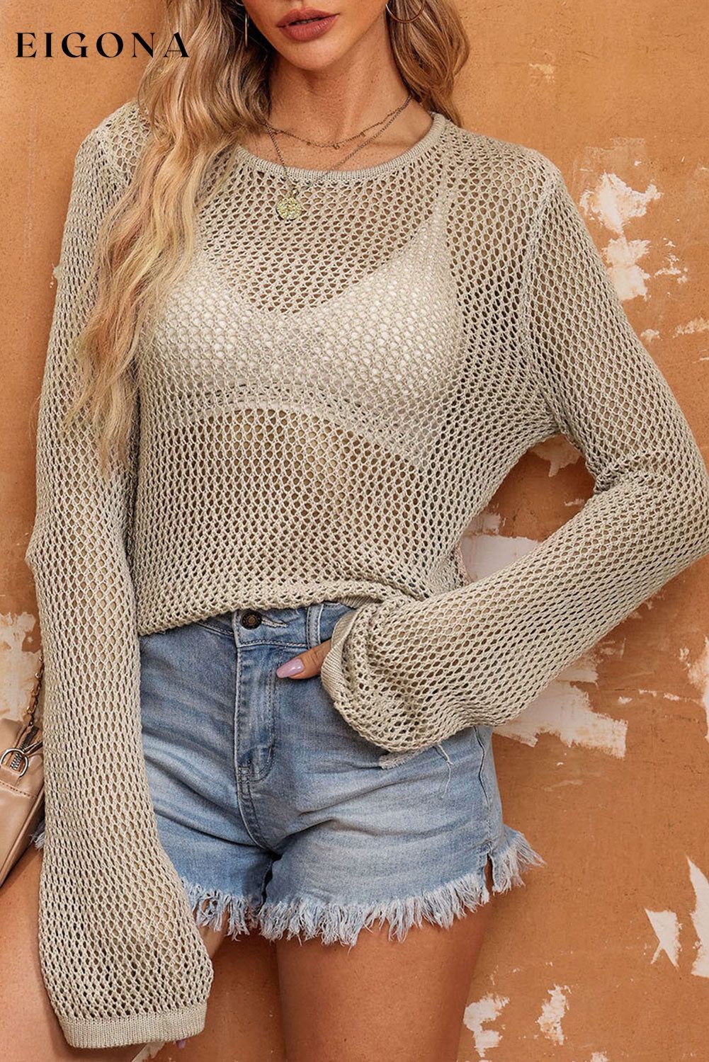 Khaki Hollow-out Knit Long Sleeve Top All In Stock clothes Craft Crochet Early Fall Collection Fabric Ribbed Hot picks long sleeve long sleeve shirts long sleeve top Occasion Vacation Print Solid Color Season Summer Style Casual tops