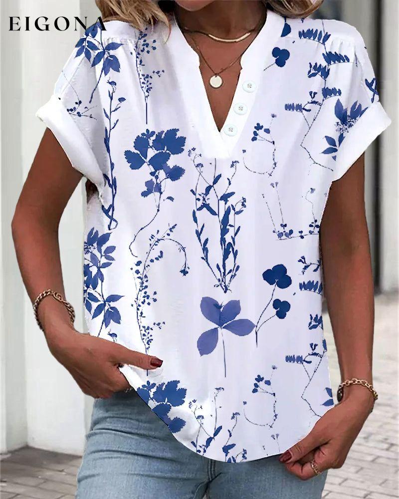 Diagonally buttoned V-neck printed T-shirt spring summer t-shirt