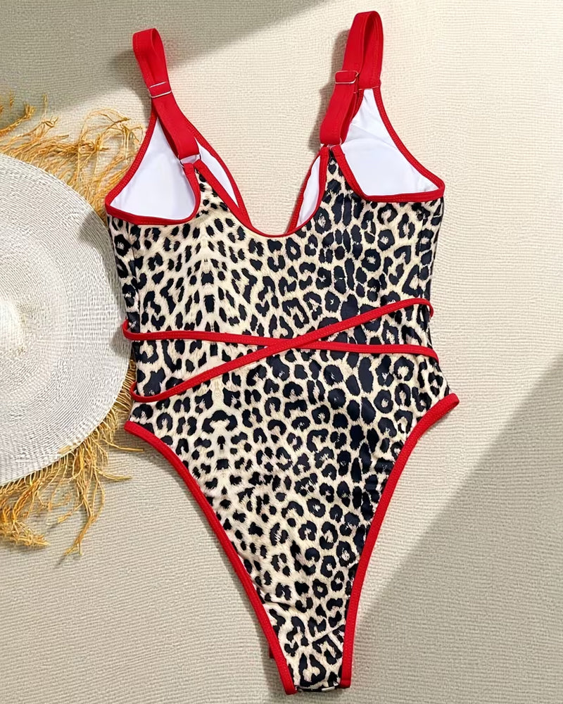 Color-Blocked Leopard Print One-Piece Swimsuit