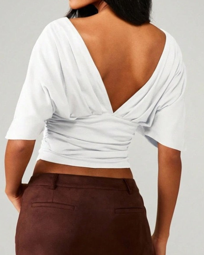 V-Neck Batwing Sleeve Waist Tie Top