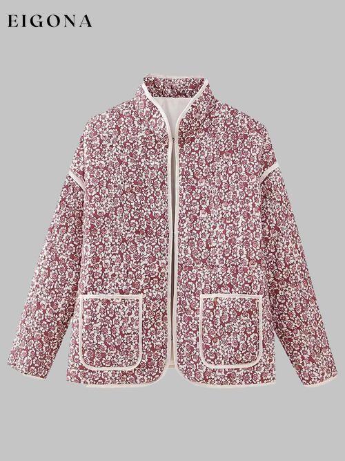 Floral Open Front Puffer Jacket with Pockets Wine clothes K&BZ Ship From Overseas