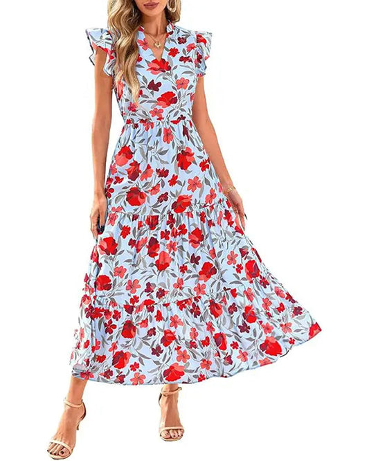 Ruffle Flutter Sleeve Floral Long Dress