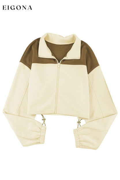 Beige Color Block Drawstring Cropped Athleisure Jacket clothes Occasion Daily Print Color Block Season Fall & Autumn Style Casual