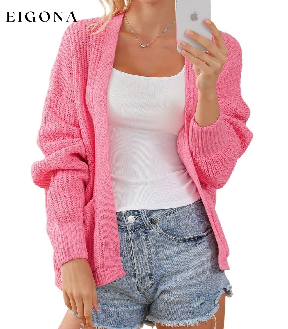 Pink Solid Pocketed Open Short Cardigan cardigan cardigans clothes Sweater sweaters