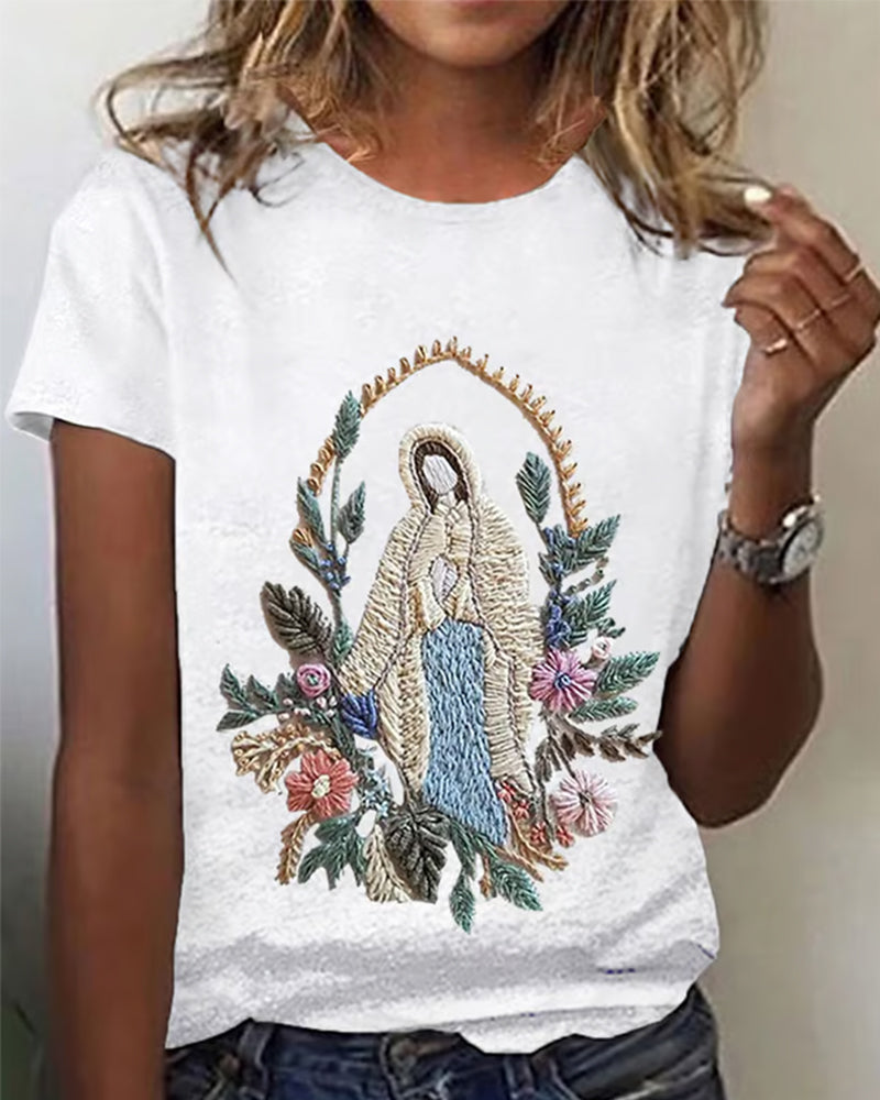 Women's Christian Our Lady Floral Print Round Neck T-Shirt