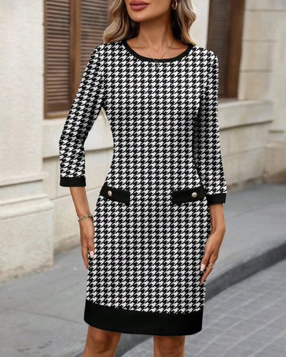 Women's Crew Neck Houndstooth Bodycon Midi Dress