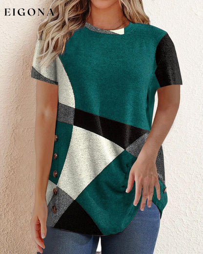 Contrast T-shirt with Geometric Print Green 23BF clothes Short Sleeve Tops T-shirts Tops/Blouses