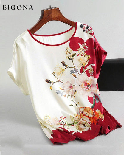 Printed ice silk short-sleeved t-shirt Red 23BF clothes Short Sleeve Tops T-shirts Tops/Blouses
