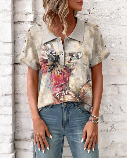 Butterfly Print Lapel Short Sleeve Shirt