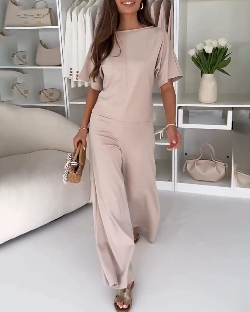 Solid Color Wide Leg Pants Set