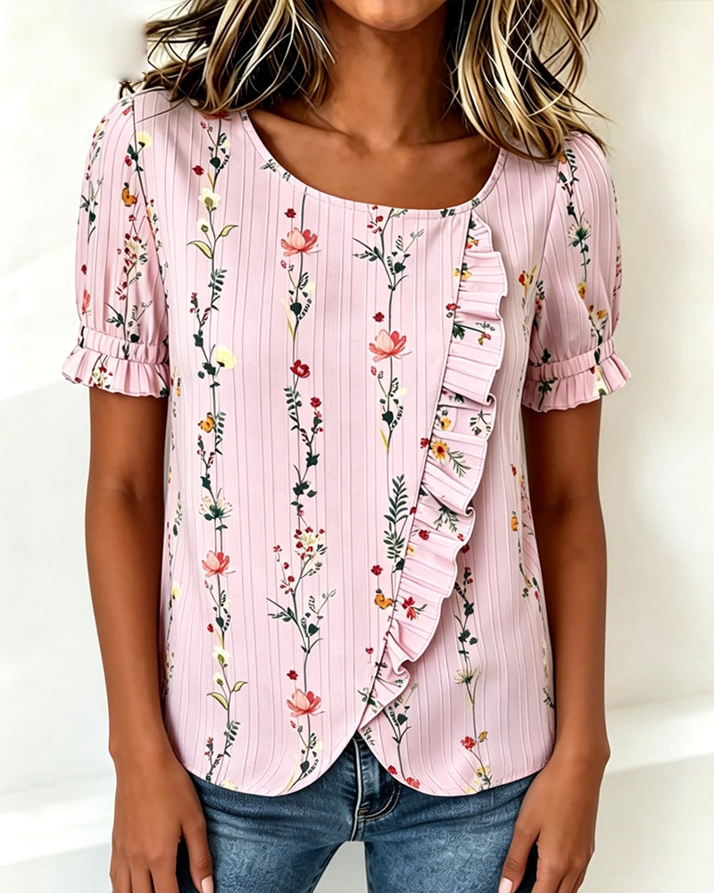 Ruffle Floral Print Puff Sleeve Blouse