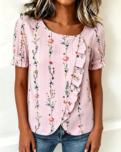 Ruffle Floral Print Puff Sleeve Blouse