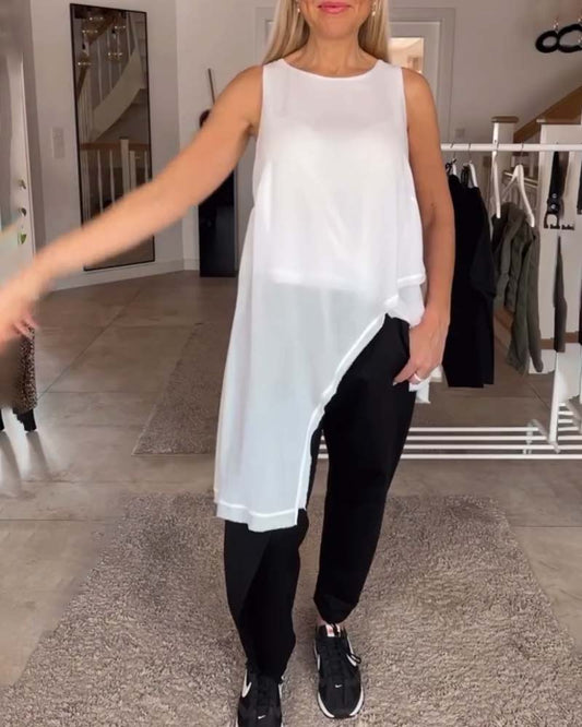 Solid color round neck irregular tank top