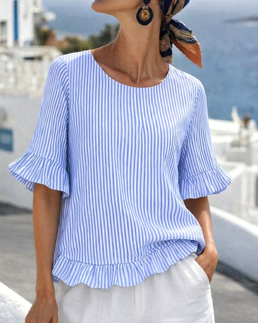Striped Ruffled Mid-Sleeve Blouse blouses & shirts spring summer
