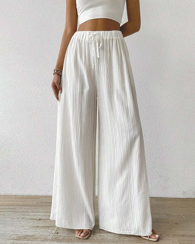 Solid Color Drawstring Wide Leg Pants