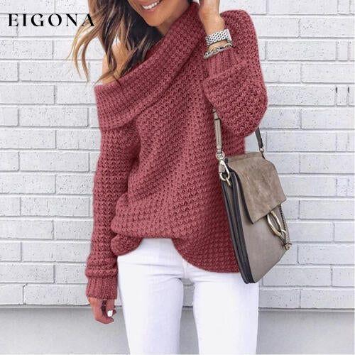 Openwork Off-Shoulder Sweater Wine clothes D&C Ship From Overseas
