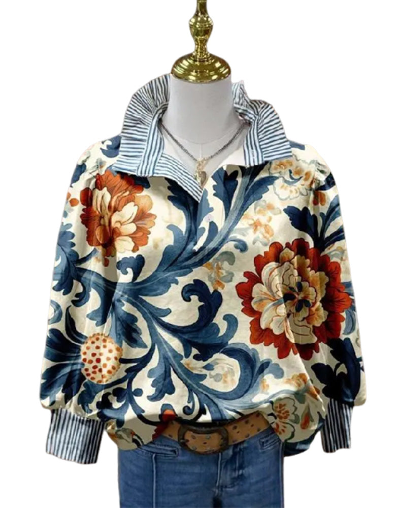 Vintage Floral Patchwork Stripe Lapel Blouse