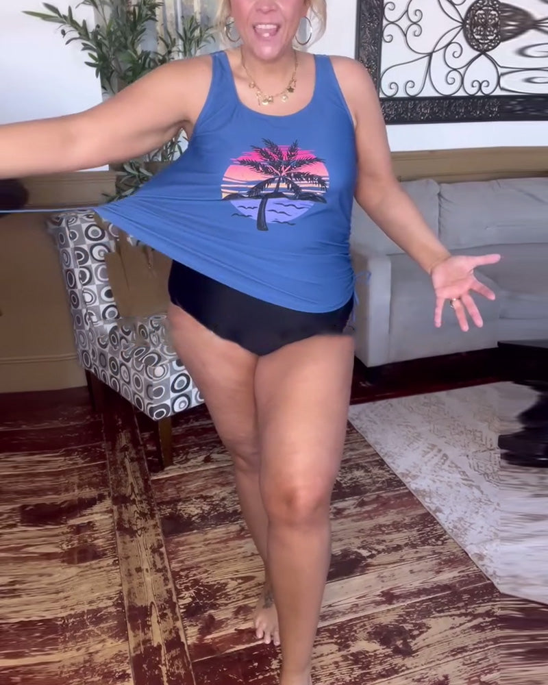 Costume da bagno due pezzi con canotta stampata casual da vacanza