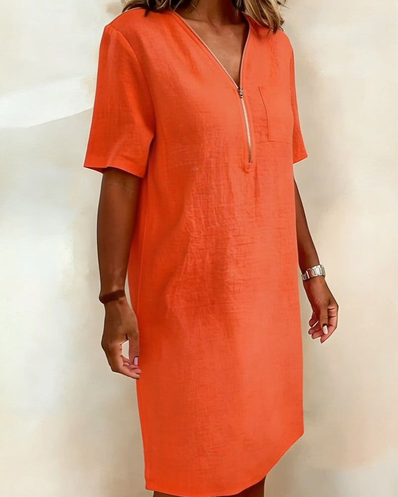 V-Neck Half Zipper Dress