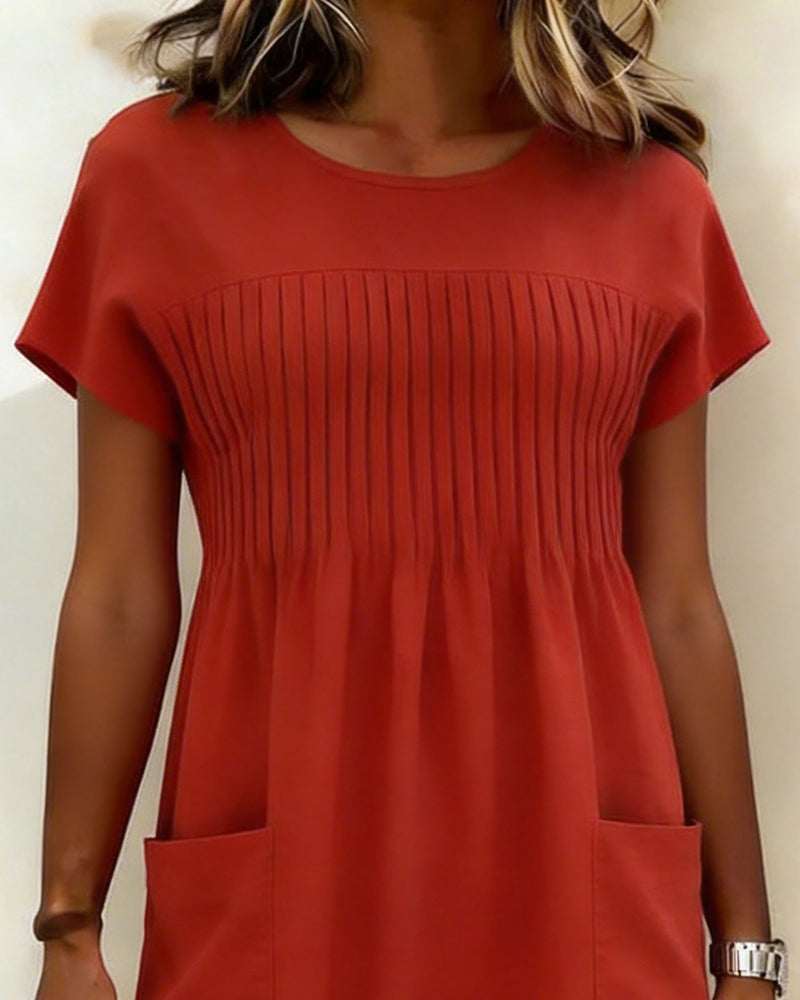 Pleated Pocket Short Sleeve Dress