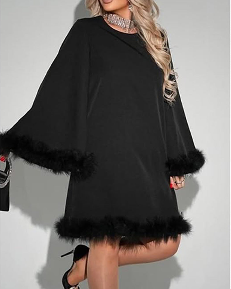 Bell Sleeve Fur Patchwork Loose Dress