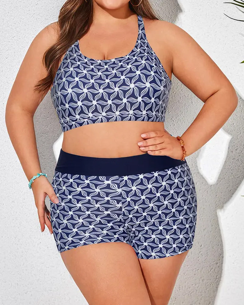 Crewneck Sleeveless Geometric Print Boy Shorts Tankinis