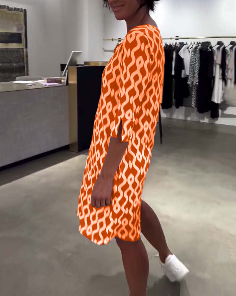 Stand Collar Mid-Length Printed Dress