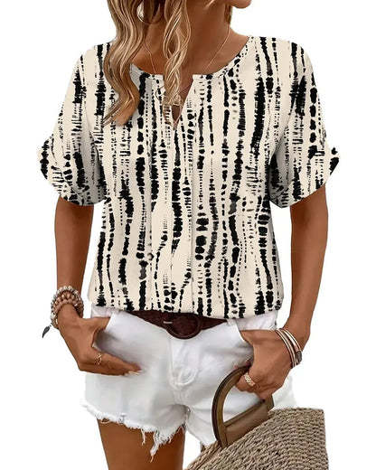 Tie-Dye Vertical Stripe Pattern Short Sleeve Blouse