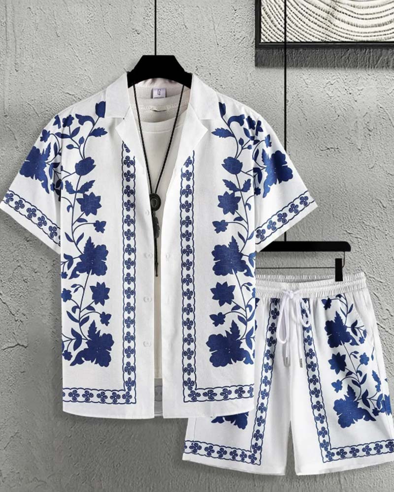 Men's Blue Porcelain Button Front Short Sleeve Set