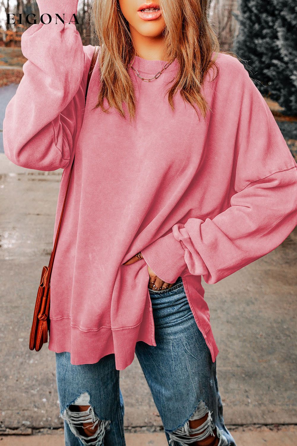 Pink Drop Shoulder Ribbed Trim Oversized Sweatshirt All In Stock Best Sellers clothes Day Valentine's Day DL Chic DL Exclusive Early Fall Collection EDM Monthly Recomend Occasion Daily Print Solid Color Season Winter Style Casual sweater sweaters