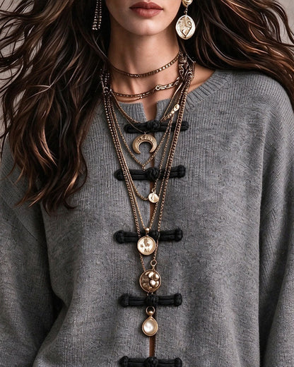 Round Neck Frog Button Loose Sweater