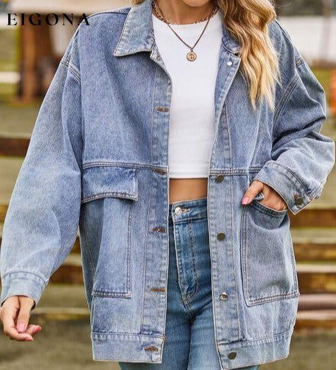 Collared Neck Button Up Denim Jacket clothes Jackets & Coats M.F Ship From Overseas
