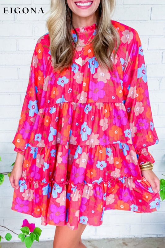 Multicolour Floral Bubble Sleeve Tiered Babydoll Dress Multicolour 100%Viscose All In Stock casual dresses clothes Color Pink dress dresses long sleeve dress long sleeve dresses Occasion Daily Print Floral Season Spring short dresses Silhouette A-Line Style Southern Belle